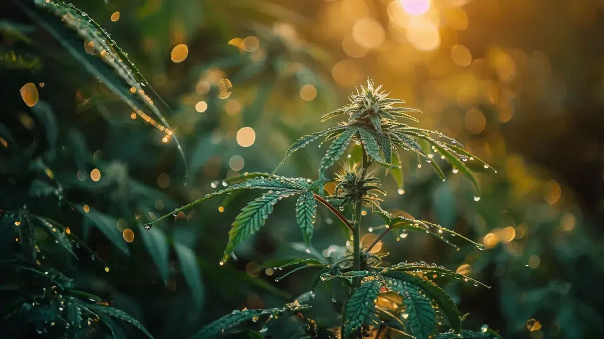 Close-up of a StormGuard hemp plant with serrated leaves and buds, covered in dewdrops, illuminated by warm, golden sunlight in a lush outdoor setting.