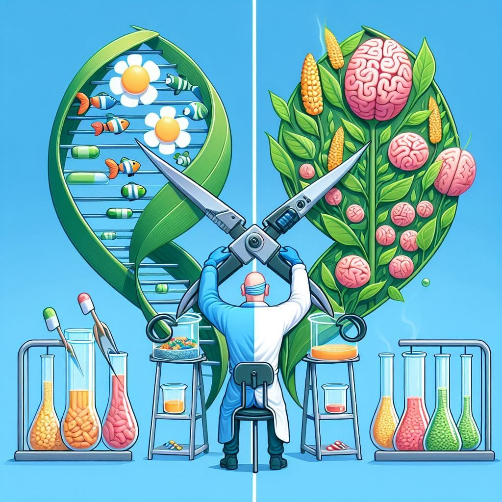 computer generated image of a man sitting holding scissors up in front of a dna strand and a leaf
